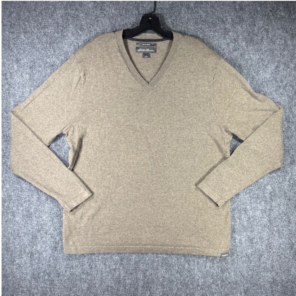 Eddie Bauer Mens Large Cotton Merino Wool V-Neck Sweater Tan Brown Pullover